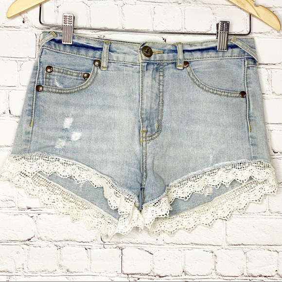 Free People Pants - Free People Lace Trim Distressed Denim Sho…